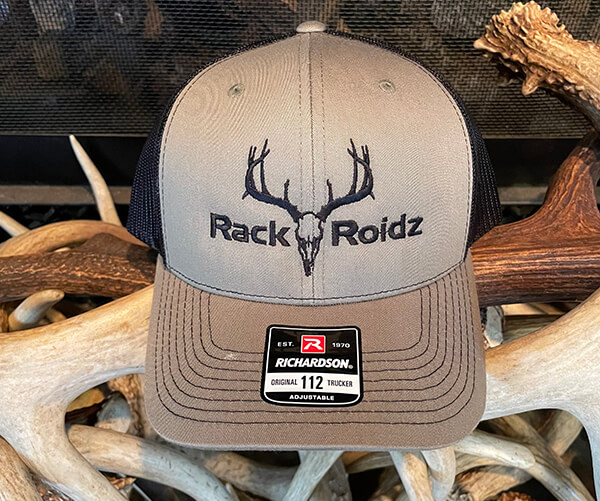 Richardson 112 Style tan with black mesh and black RackRoidz Logo Hat