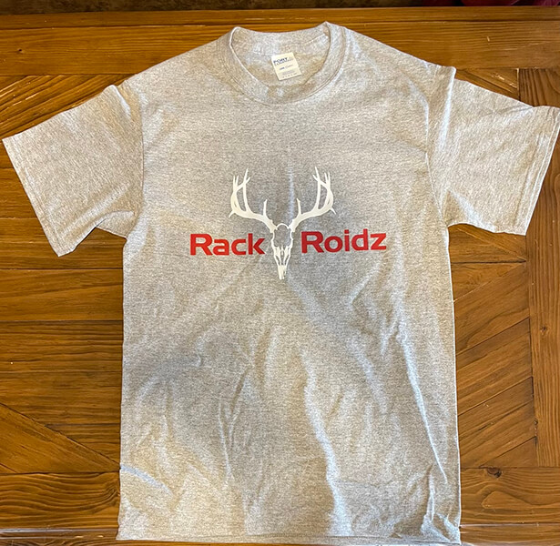RackRoidz light gray red and white logo t-shirt