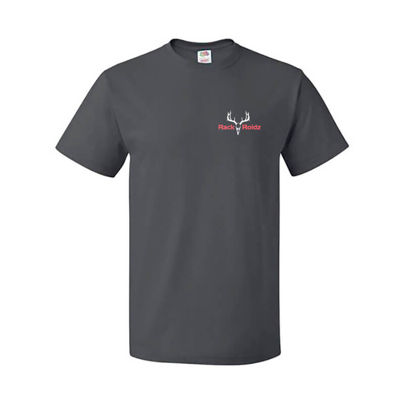 dark gray t-shirt with logo on front