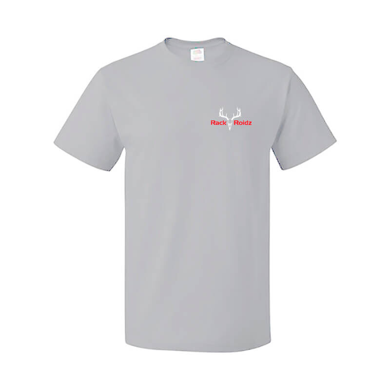 light gray t-shirt front with logo
