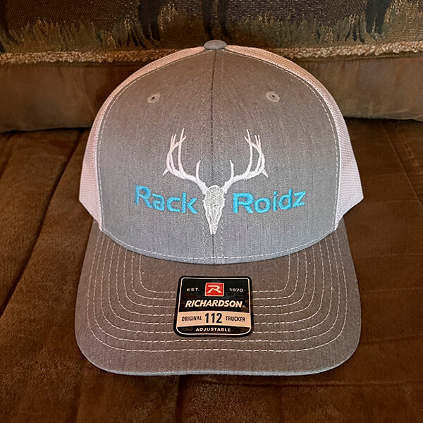 RackRoidz Grey with white mesh back white and blue logo Richardson 112 hat