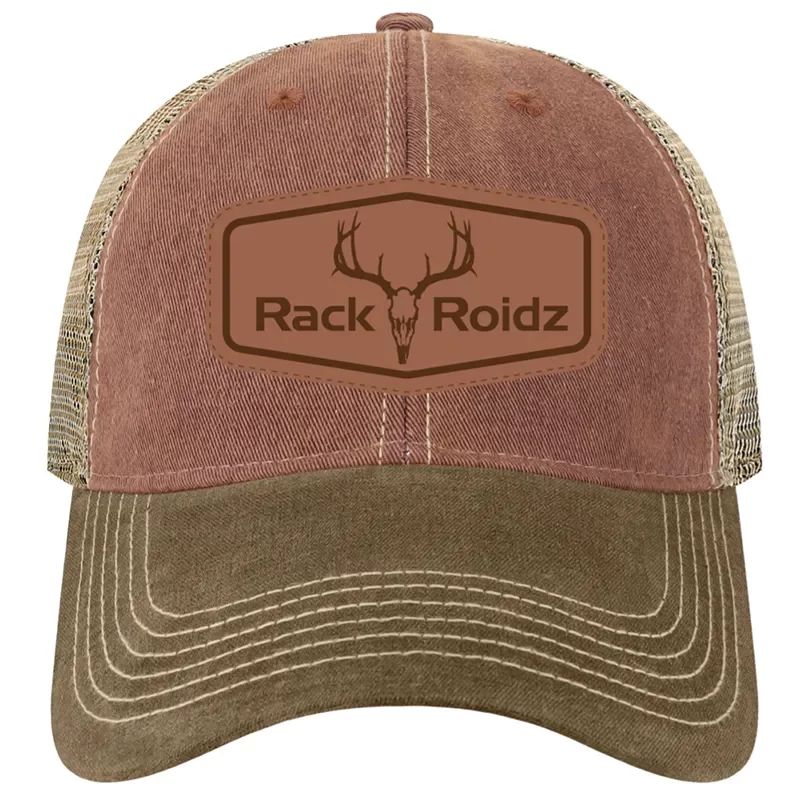 RackRoidz logo Legacy Burgundy and Brown Java Trucker mesh snapback hat